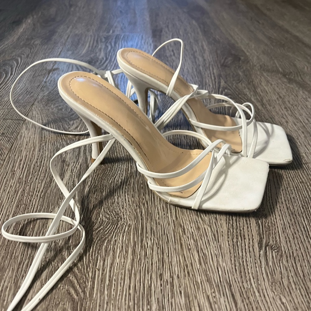 White lace up heels